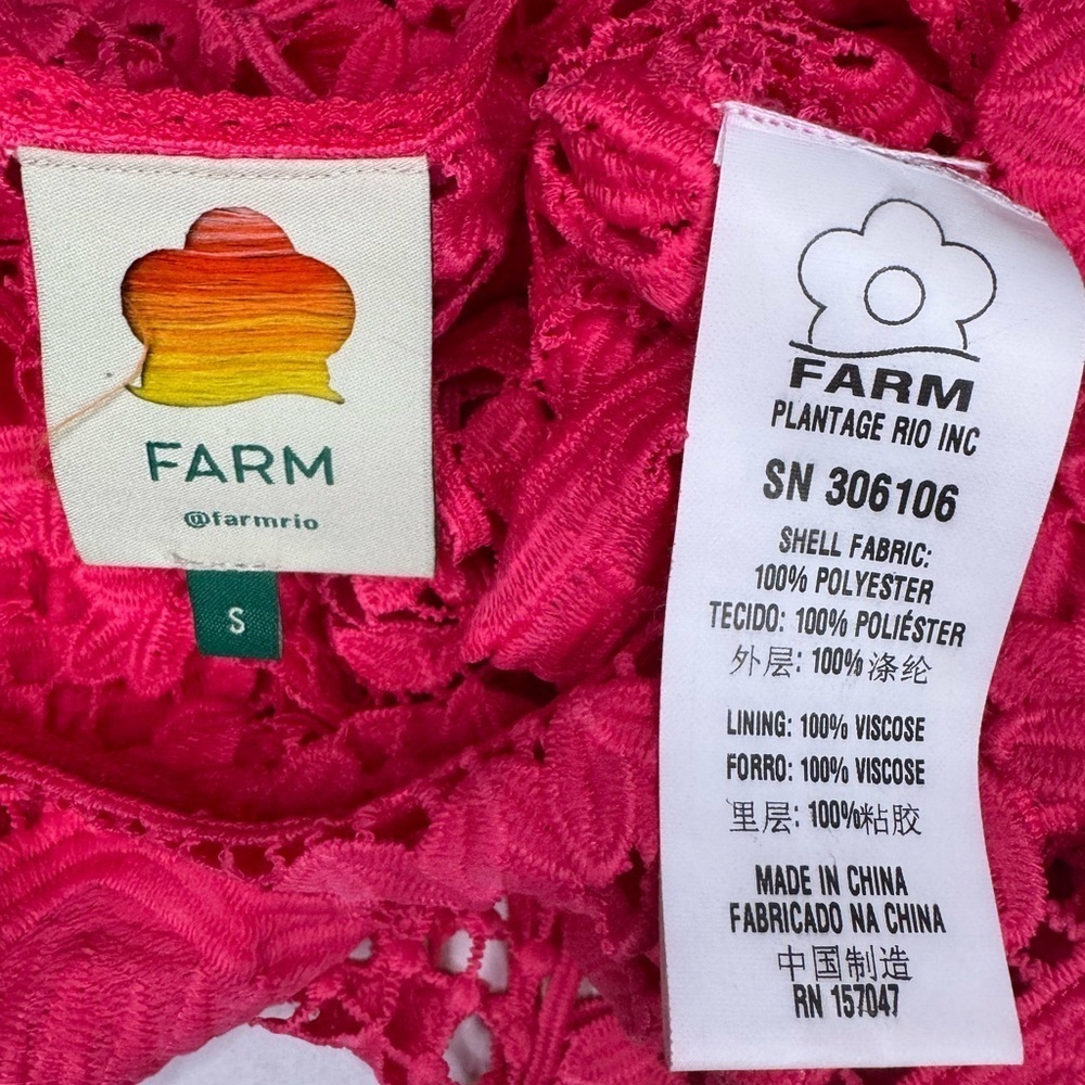 Farm Rio Boohoo Alucina Puff-Sleeve Guipure Pink Crop Top Size Small - Picture 13 of 13